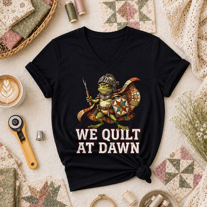 We Quilt At Dawn Frog Knight Quilter Women's V-Neck - Black