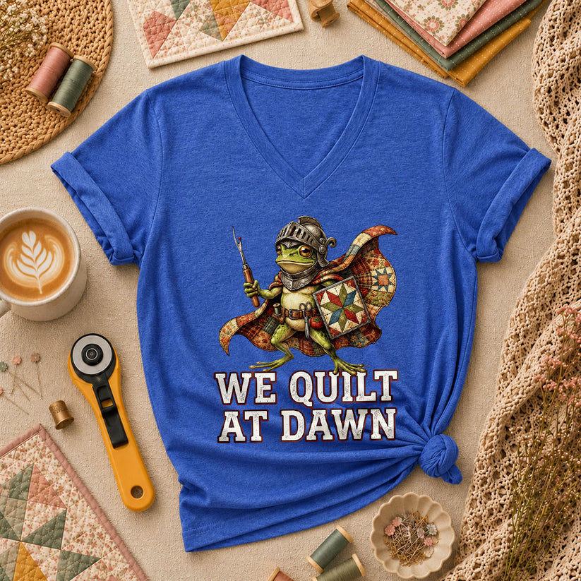 We Quilt At Dawn Frog Knight Quilter Women's V-Neck - Heather True Royal