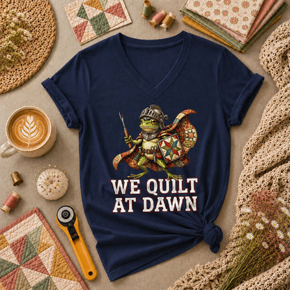 We Quilt At Dawn Frog Knight Quilter Women's V-Neck - Navy