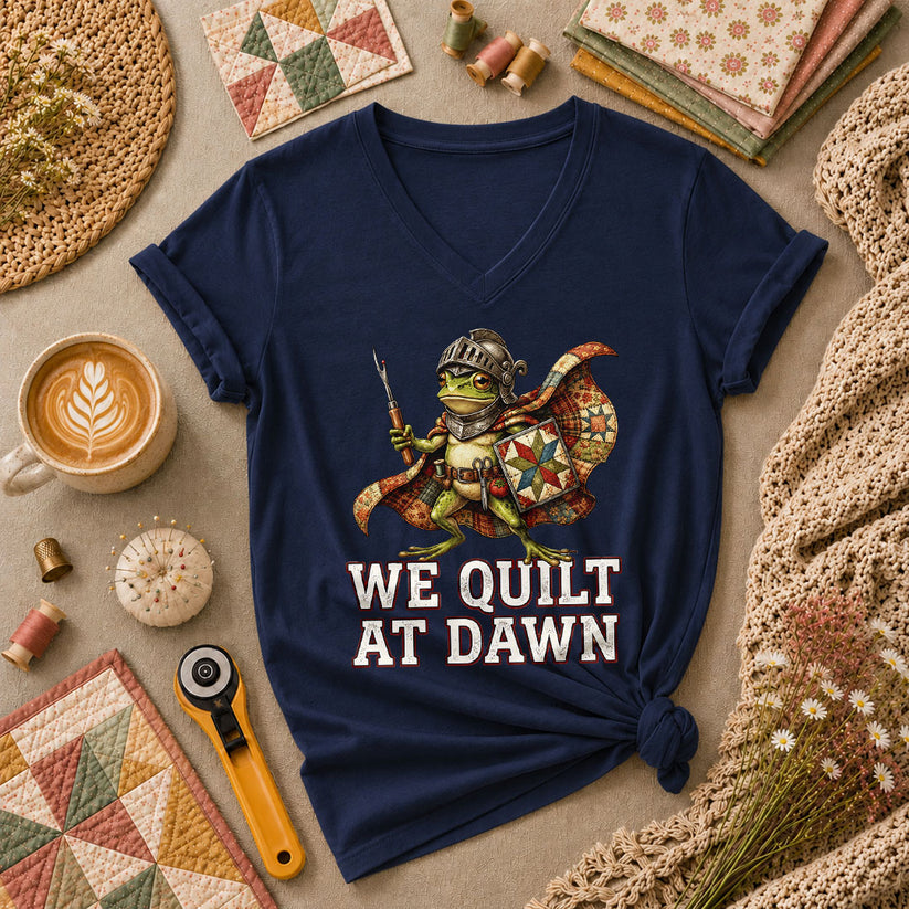 We Quilt At Dawn Frog Knight Quilter Women's V-Neck - Navy