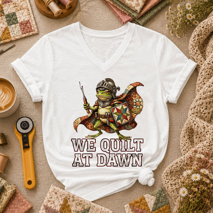 We Quilt At Dawn Frog Knight Quilter Women's V-Neck - White