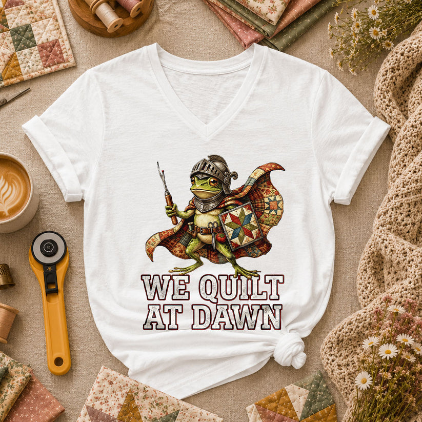 We Quilt At Dawn Frog Knight Quilter Women's V-Neck - White