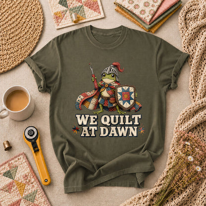 We Quilt At Dawn Frog Knight T-Shirt - Military Green