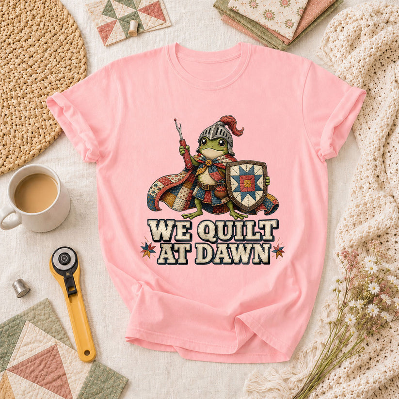 We Quilt At Dawn Frog Knight T-Shirt - Pink