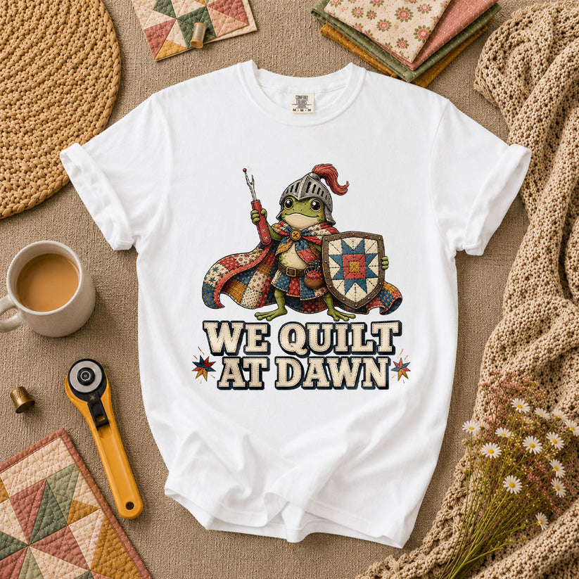 We Quilt At Dawn Frog Knight T-Shirt - White