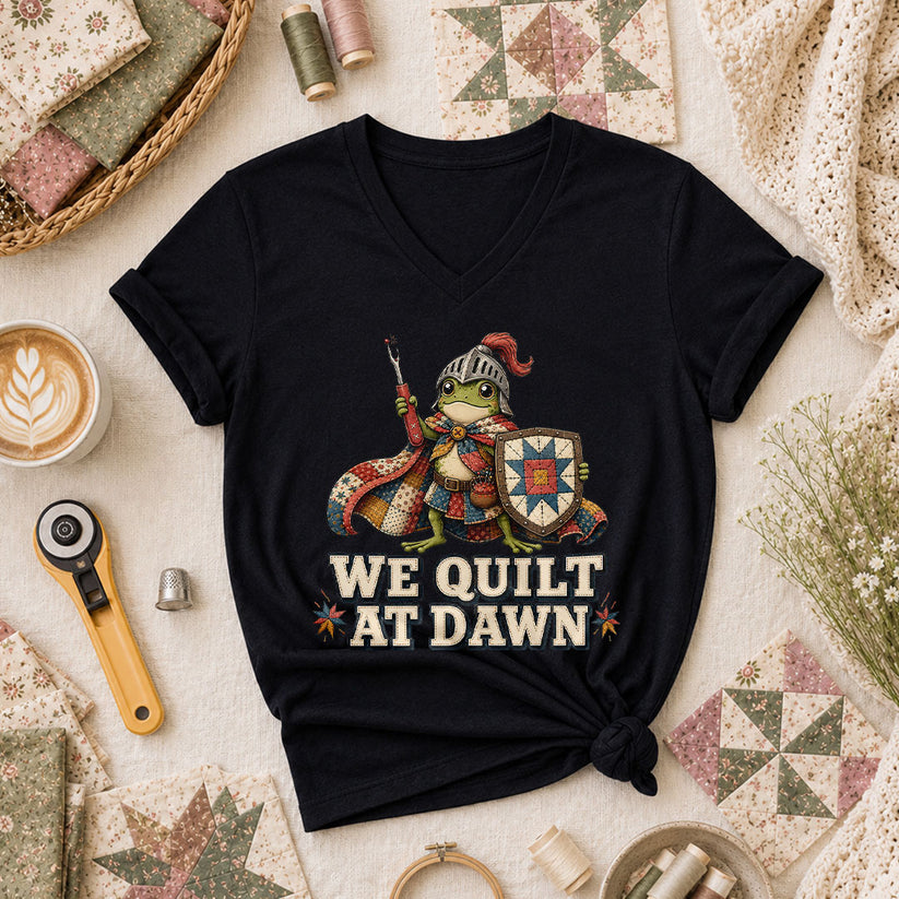 We Quilt At Dawn Frog Knight Women's V-Neck - Black