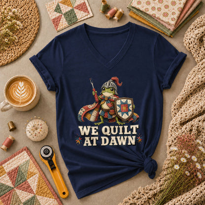 We Quilt At Dawn Frog Knight Women's V-Neck - Navy