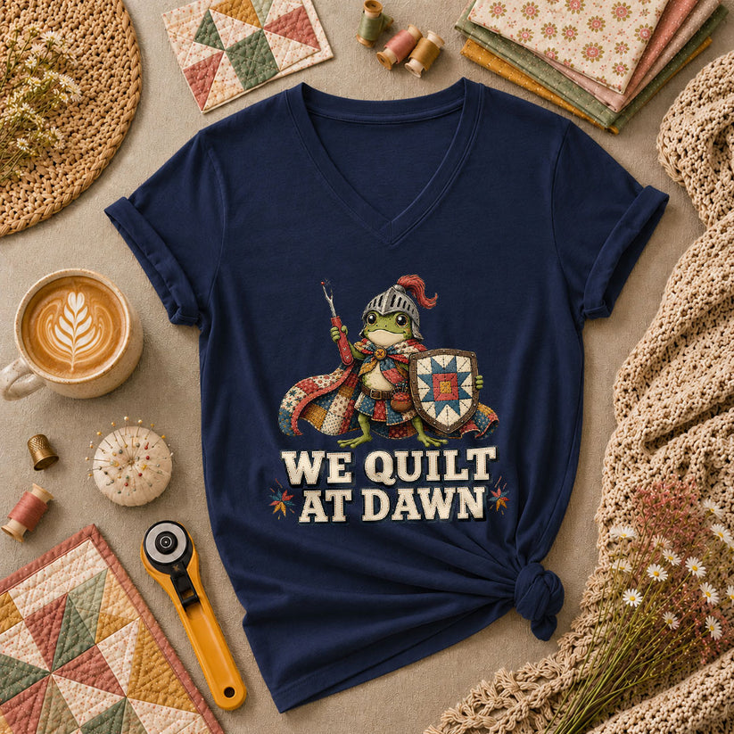 We Quilt At Dawn Frog Knight Women's V-Neck - Navy