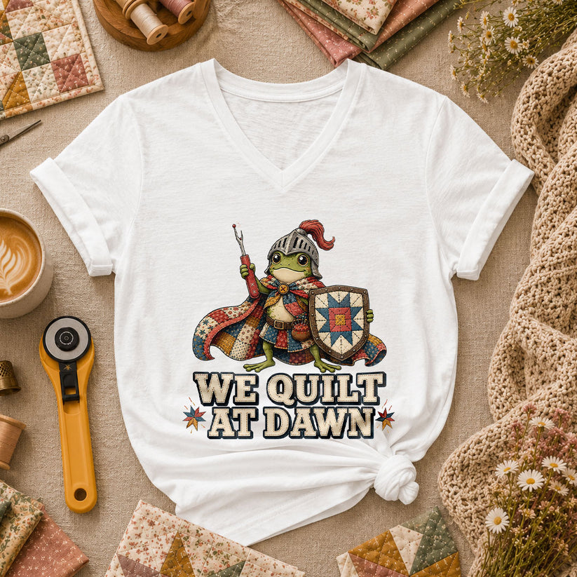 We Quilt At Dawn Frog Knight Women's V-Neck - White