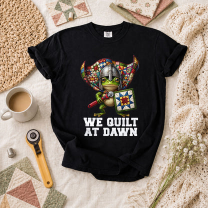 We Quilt At Dawn Vintage Sewing Machine T-Shirt - Black