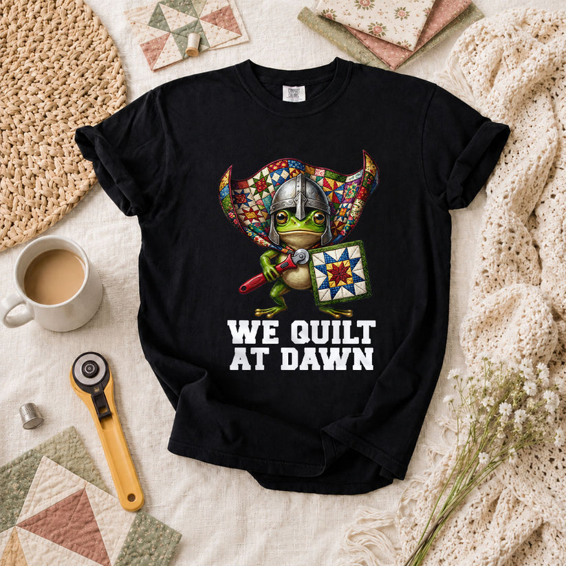 We Quilt At Dawn Vintage Sewing Machine T-Shirt - Black