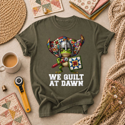 We Quilt At Dawn Vintage Sewing Machine T-Shirt - Military Green