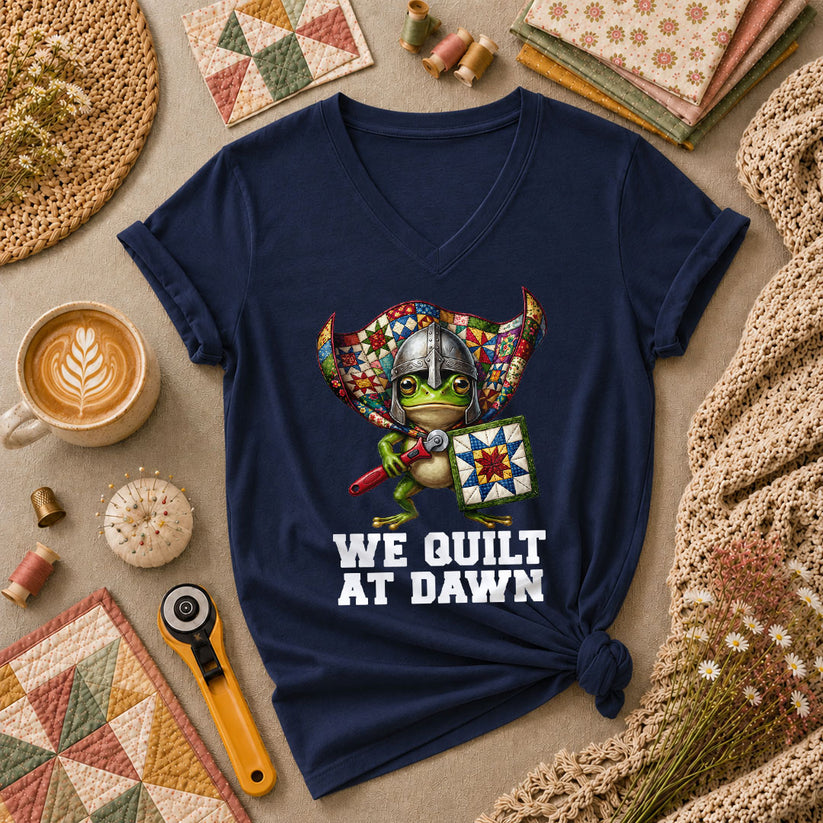We Quilt At Dawn Vintage Sewing Machine Women's V-Neck - Navy