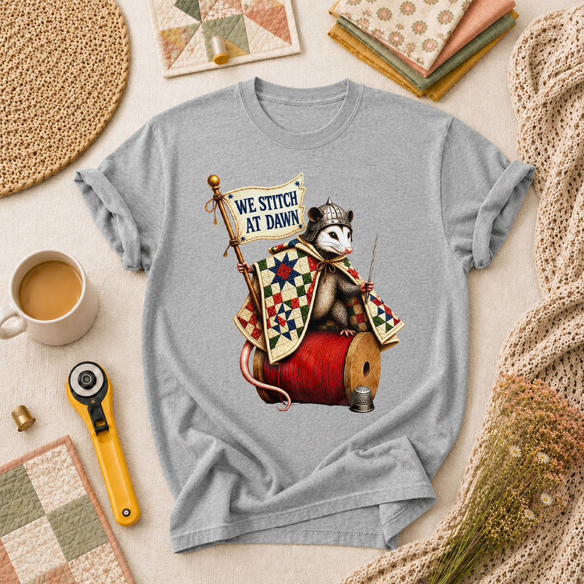 We Stitch At Dawn Opossum Knight Quilter T-Shirt - Athletic Heather