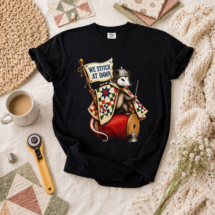 We Stitch At Dawn Opossum Knight Quilter T-Shirt - Black