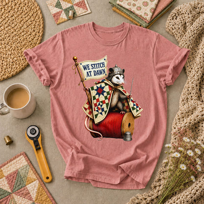 We Stitch At Dawn Opossum Knight Quilter T-Shirt - Heather Mauve