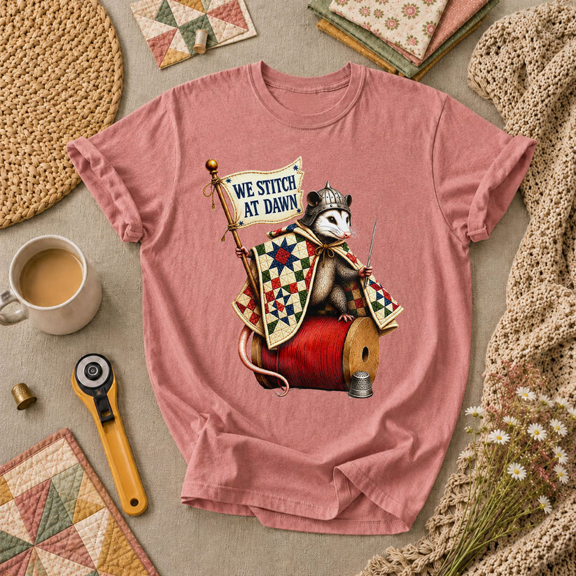 We Stitch At Dawn Opossum Knight Quilter T-Shirt - Heather Mauve