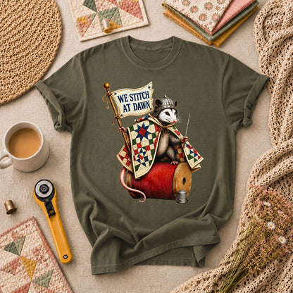 We Stitch At Dawn Opossum Knight Quilter T-Shirt - Military Green