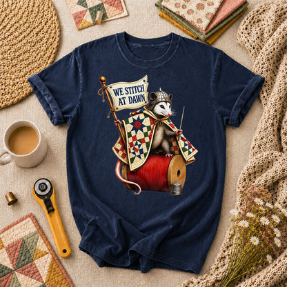 We Stitch At Dawn Opossum Knight Quilter T-Shirt - Navy