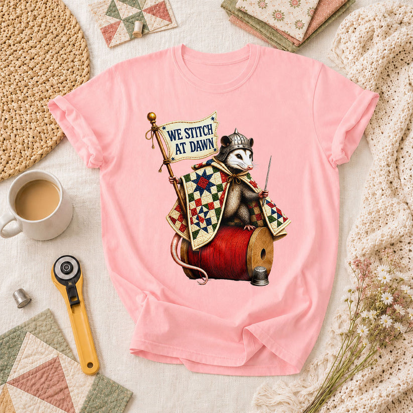 We Stitch At Dawn Opossum Knight Quilter T-Shirt - Pink