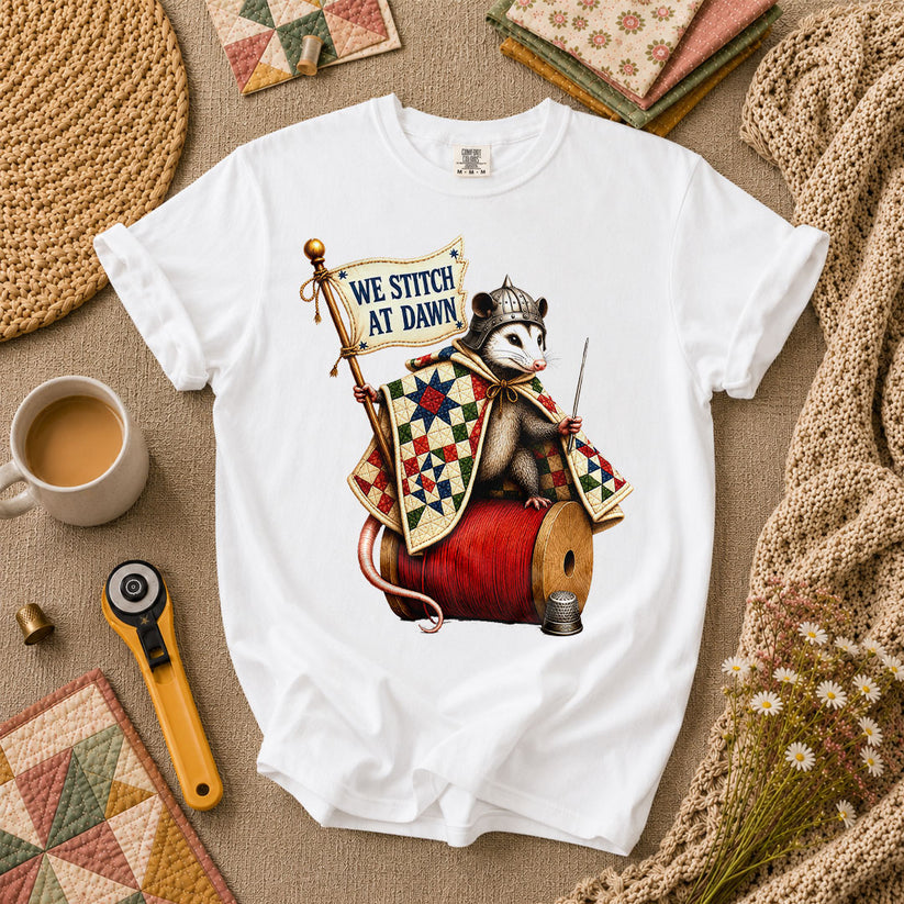 We Stitch At Dawn Opossum Knight Quilter T-Shirt - White