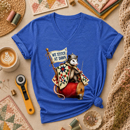 We Stitch At Dawn Opossum Knight Quilter Women's V-Neck - Heather True Royal