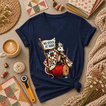 We Stitch At Dawn Opossum Knight Quilter Women's V-Neck - Navy