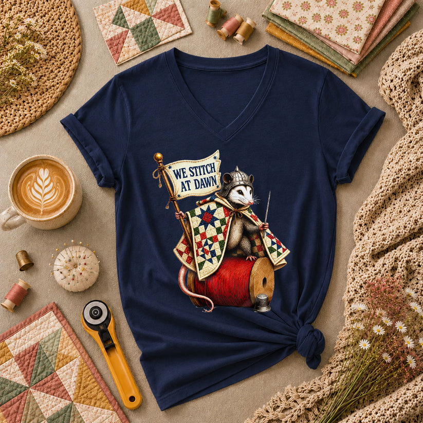 We Stitch At Dawn Opossum Knight Quilter Women's V-Neck - Navy