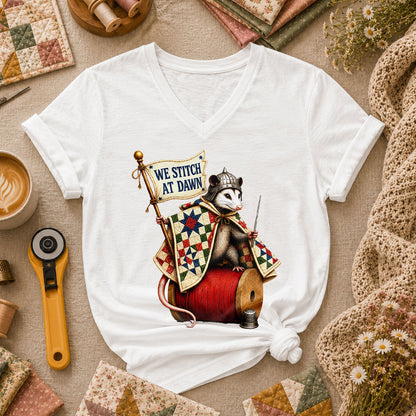 We Stitch At Dawn Opossum Knight Quilter Women's V-Neck - White