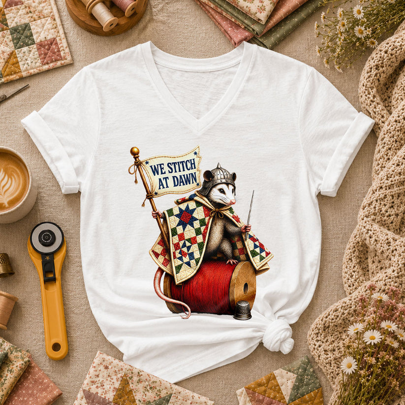 We Stitch At Dawn Opossum Knight Quilter Women's V-Neck - White