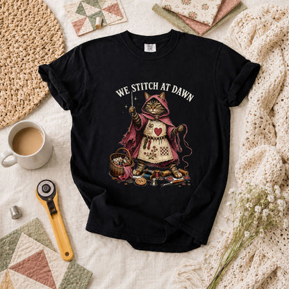 We Stitch At Dawn Vintage Sewing T-Shirt - Black