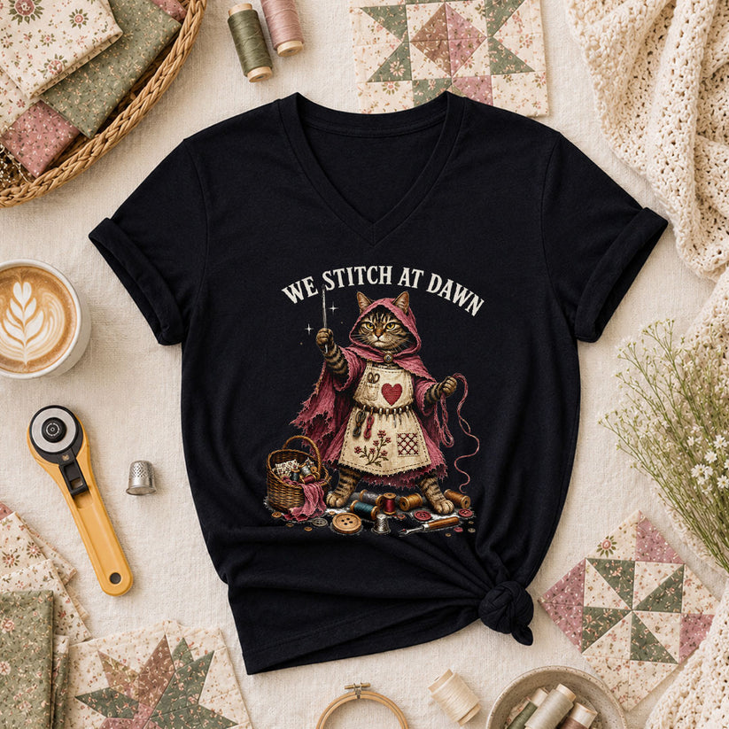 We Stitch At Dawn Vintage Sewing Women's V-Neck - Black