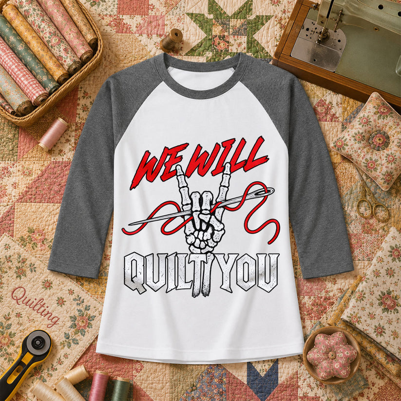 We Will Quilt You Skeleton Rock Hand Raglan Sleeve - Deep Heather