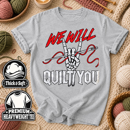 We Will Quilt You Skeleton Rock Hand T-Shirt - Athletic Heather