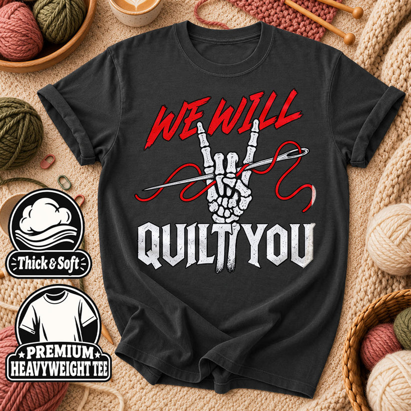 We Will Quilt You Skeleton Rock Hand T-Shirt - Dark Heather Grey
