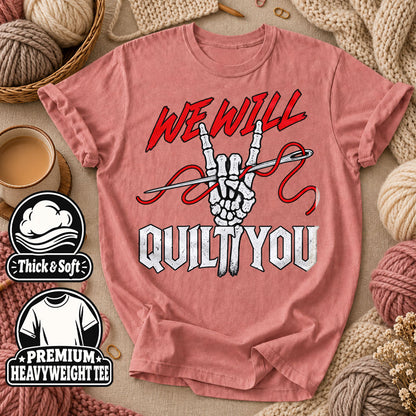 We Will Quilt You Skeleton Rock Hand T-Shirt - Heather Mauve