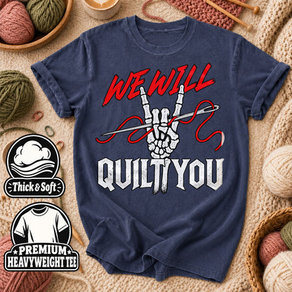 We Will Quilt You Skeleton Rock Hand T-Shirt - Heather Navy