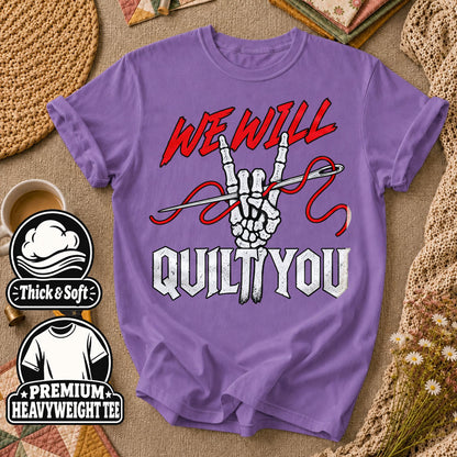 We Will Quilt You Skeleton Rock Hand T-Shirt - Heather Team Purple