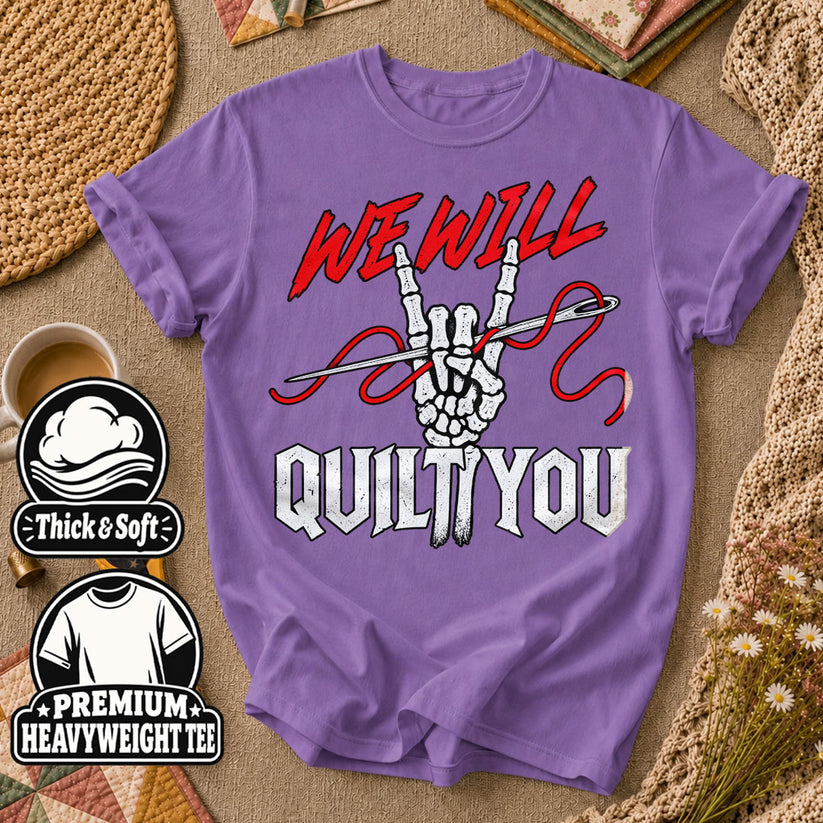 We Will Quilt You Skeleton Rock Hand T-Shirt - Heather Team Purple