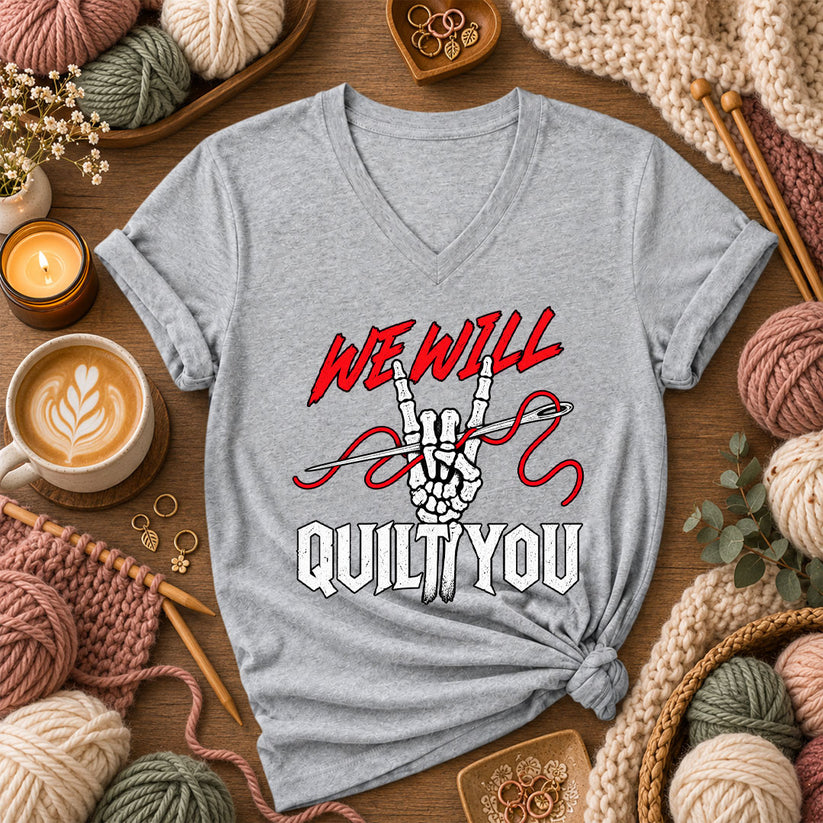 We Will Quilt You Skeleton Rock Hand Women's V-Neck - Athletic Heather