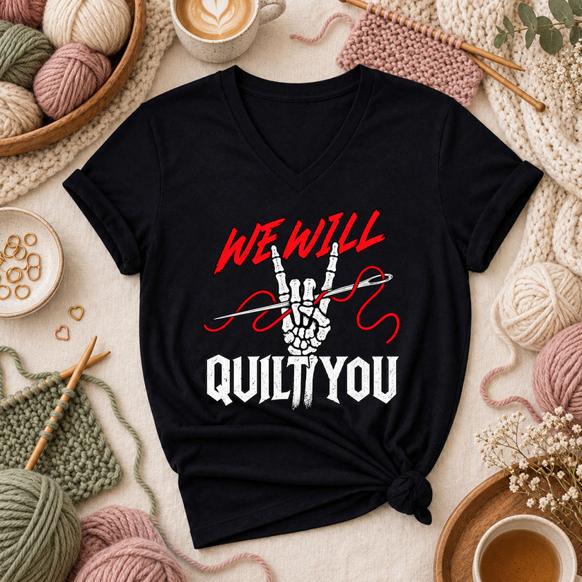 We Will Quilt You Skeleton Rock Hand Women's V-Neck - Black