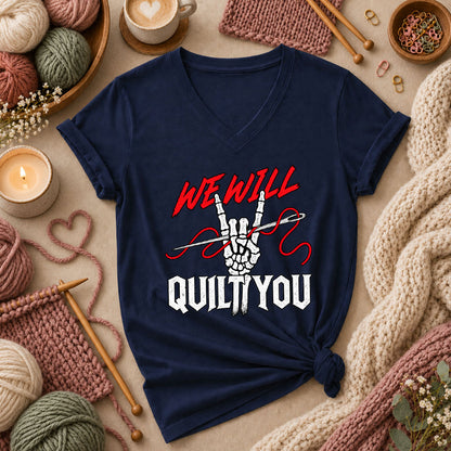 We Will Quilt You Skeleton Rock Hand Women's V-Neck - Navy