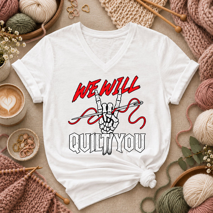 We Will Quilt You Skeleton Rock Hand Women's V-Neck - White