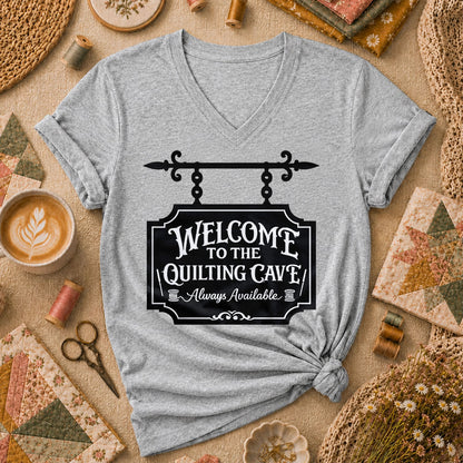 Welcome To The Quilting Cave Always Available Women's V-Neck - Athletic Heather