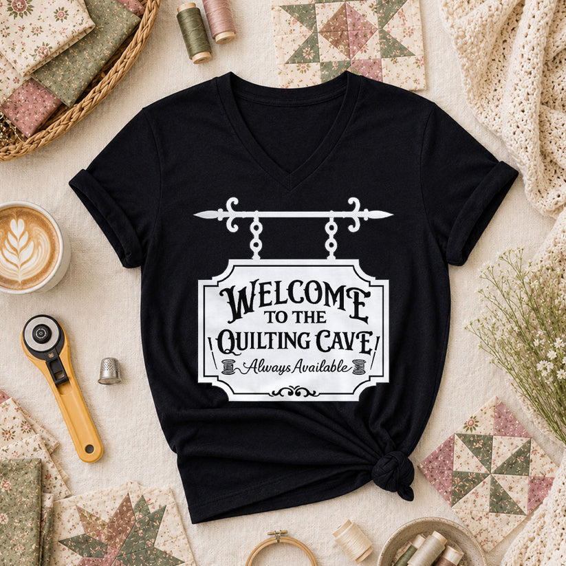 Welcome To The Quilting Cave Always Available Women's V-Neck - Black