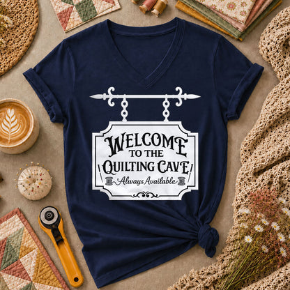 Welcome To The Quilting Cave Always Available Women's V-Neck - Navy