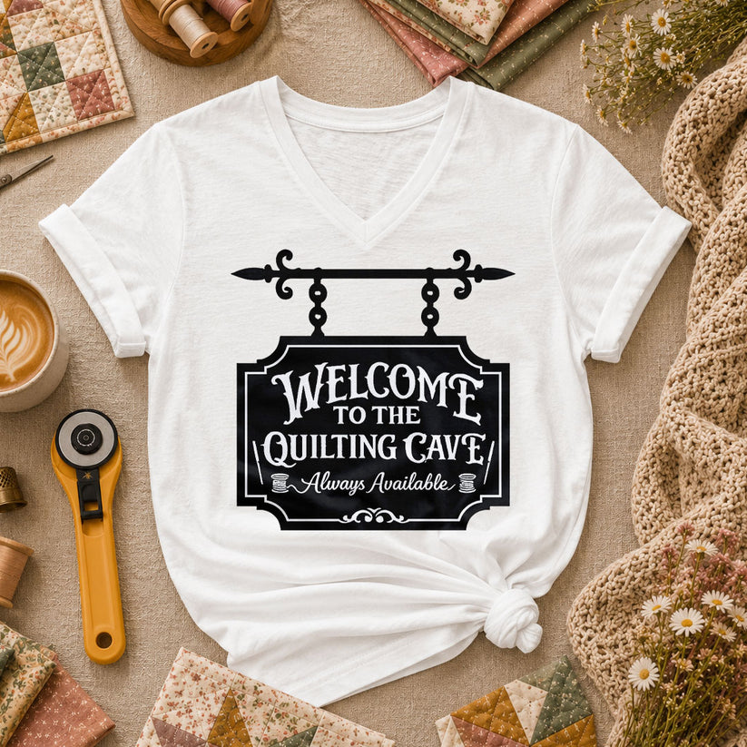 Welcome To The Quilting Cave Always Available Women's V-Neck - White
