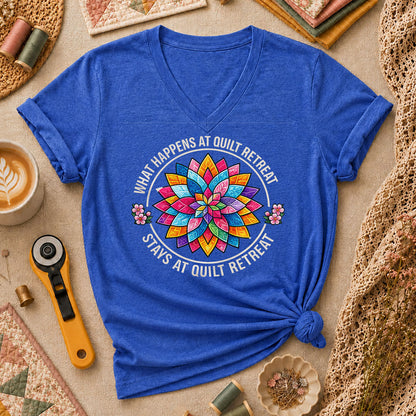 What Happens At Quilt Retreat Stays At Quilt Retreat Women's V-Neck - Heather True Royal