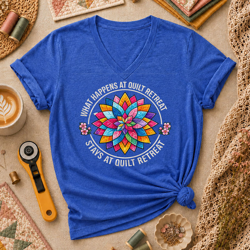 What Happens At Quilt Retreat Stays At Quilt Retreat Women's V-Neck - Heather True Royal