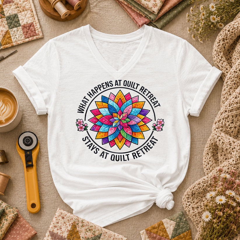 What Happens At Quilt Retreat Stays At Quilt Retreat Women's V-Neck - White